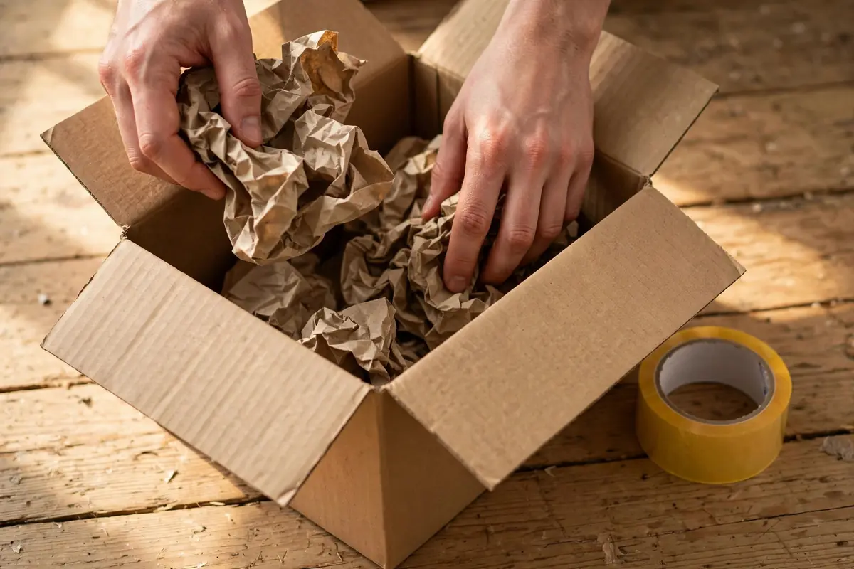 Offener Umzugskarton mit Packpapier und Klebeband